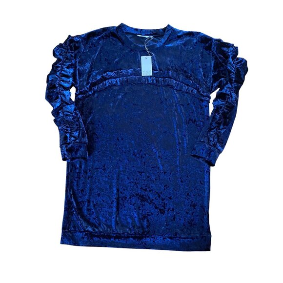 NWT Kaktus Crushed Velvet Ruffle Mini Dress Navy Blue Shift Dark Fairy Grunge-M - Picture 2 of 16